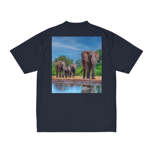 Men's Performance T-Shirt with Fine Art Image of Elephant Family at Watering Hole by Enjoy Nature