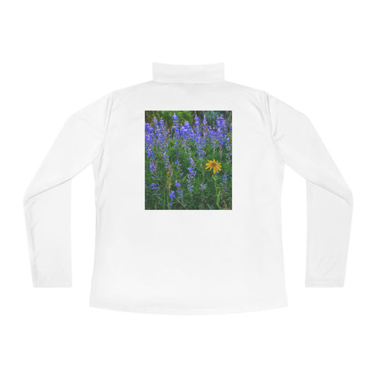 Wild Lupines with Solo Daisy Ladies Quarter-Zip Pullover | Nature Inspired Activewear | Enjoy Nature Collection