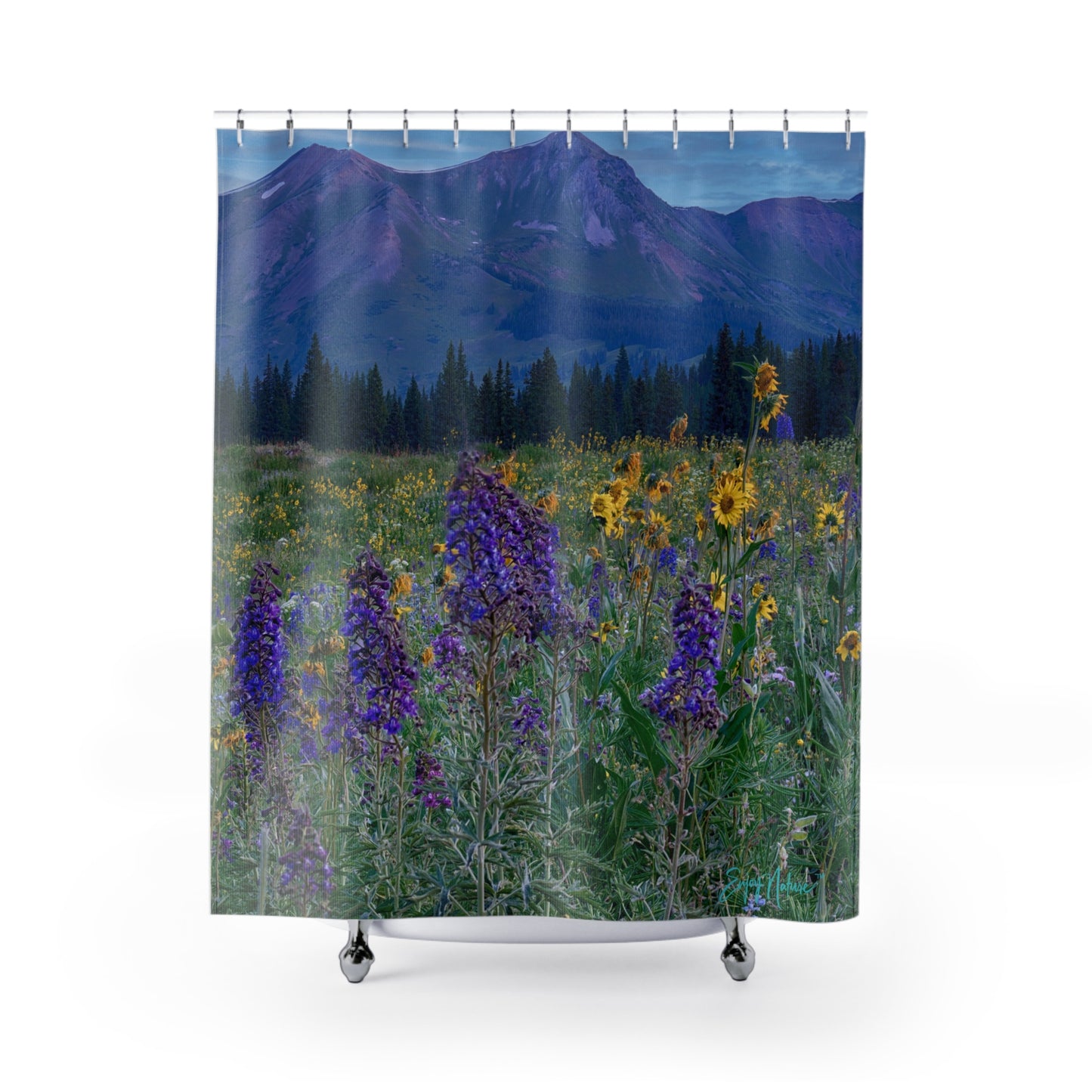 Wild Lupines, Yellow Daisies & Mountains Shower Curtain | Nature Inspired Earthy Bathroom Décor | Enjoy Nature Collection