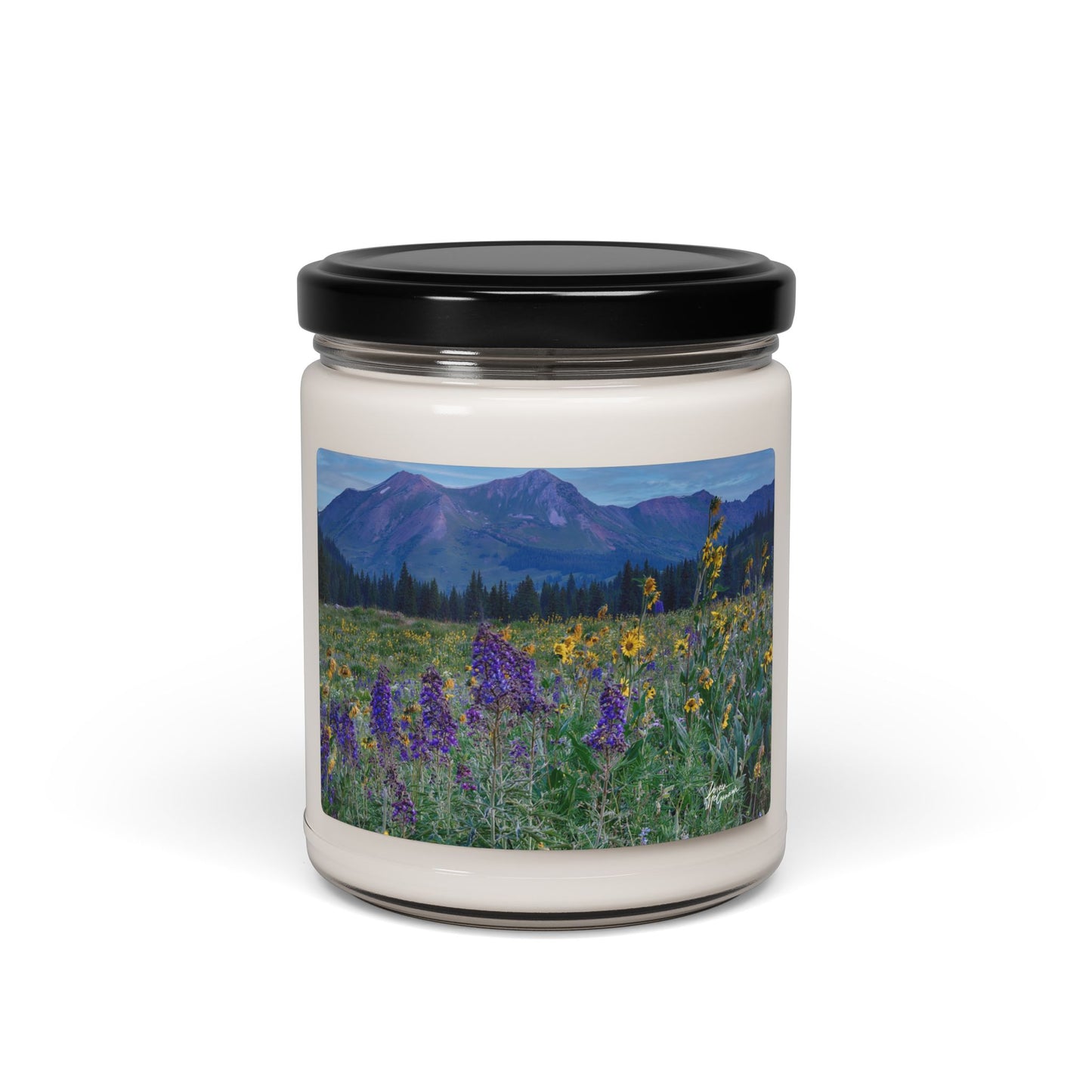 Relaxing Mountain Breeze Scented Soy Candle | Aromatherapy Candle with Mountains & Wild Lupine Flowers | Nature-Inspired Gift & Home Fragrance