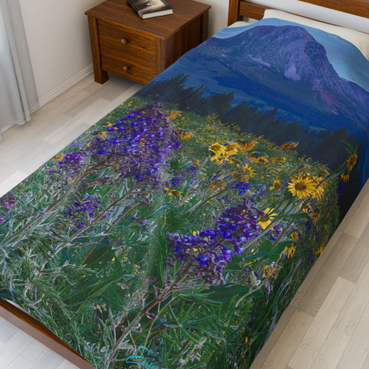 Serene Mountains with Lupine Flowers Landscape Plush Blanket | Cozy Throw for Relaxation, Home Decor, Gifts, Camping, Outdoor Enthusiasts