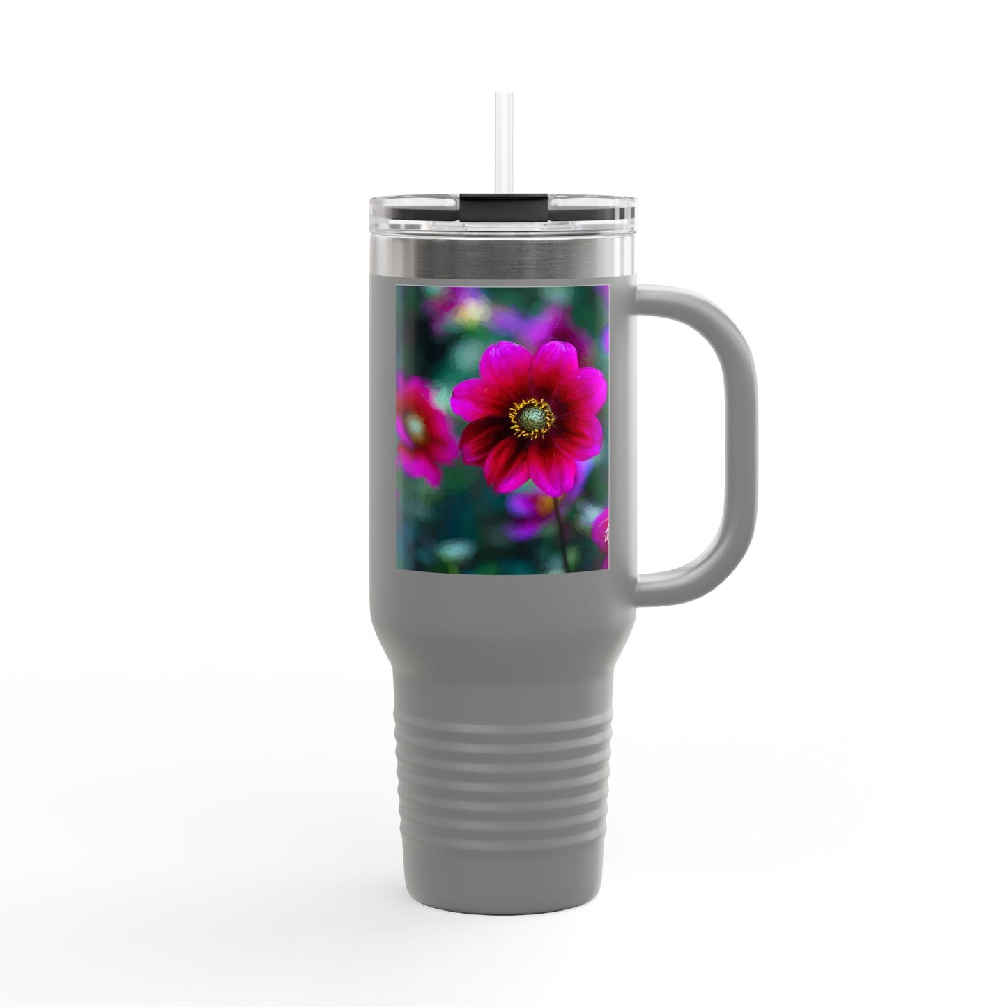 Vibrant Floral Insulated Travel Mug – 40oz Nature-Inspired Drinkware, Heart of Dahlia Dreams