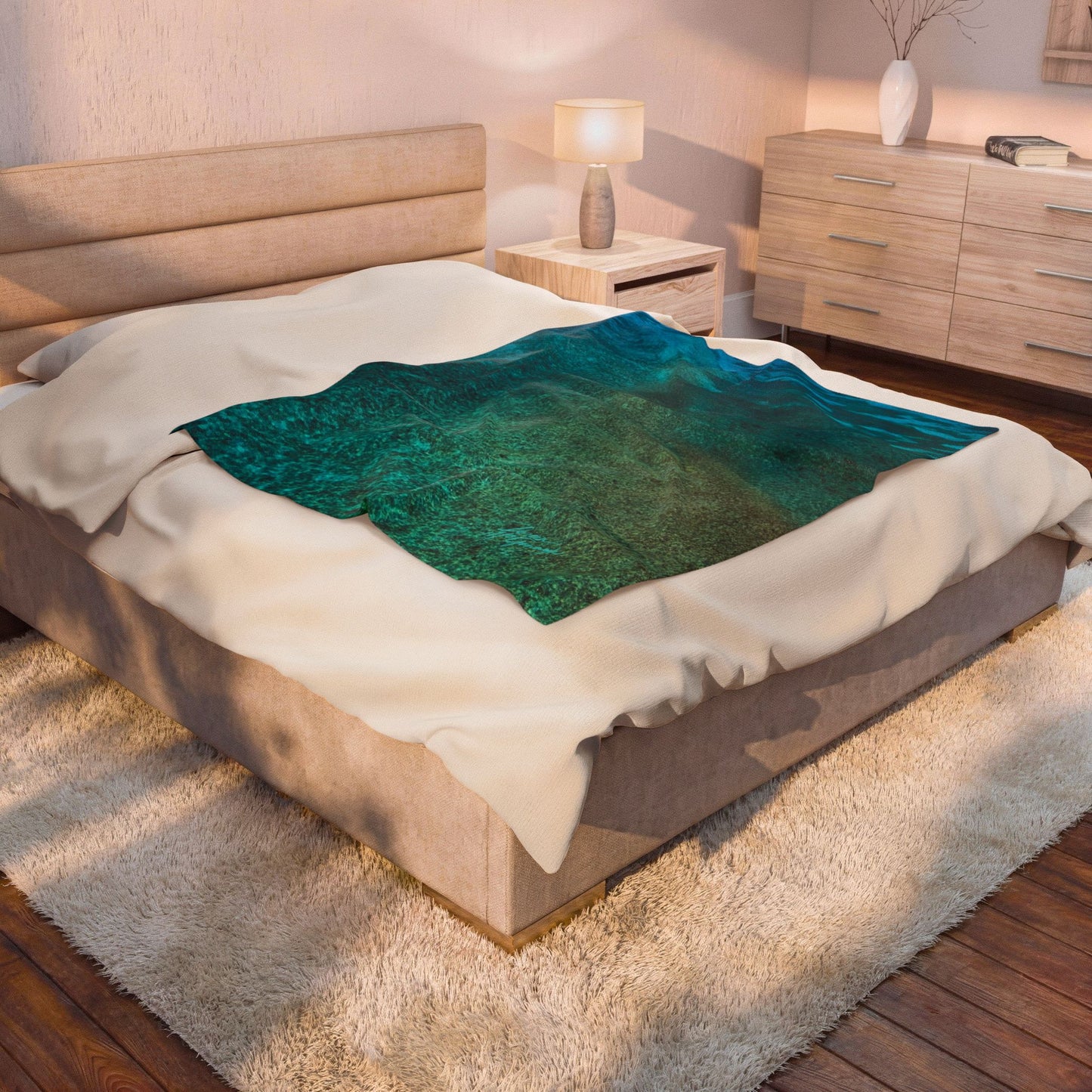 Ocean Depths Velveteen Plush Blanket — Teal Seascape Cozy Throw Enjoy Nature | Spirited Design Studio