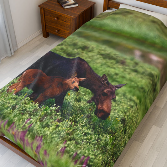 Moose Family Velveteen Plush Blanket | Cozy Wildlife Blanket for Nature Lovers | Perfect for Home Decor or Gift Moose with baby