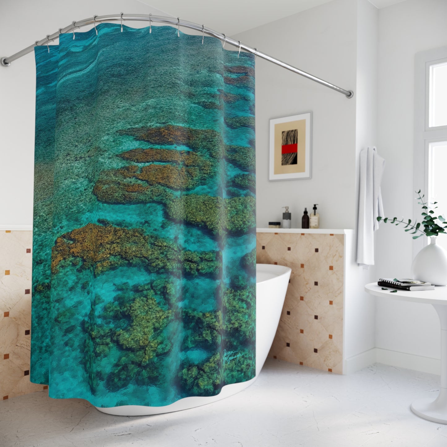 Tropical Reef Shower Curtain — Aerial Ocean Coral Print Bathroom Décor Enjoy Nature | Spirited Design Studio