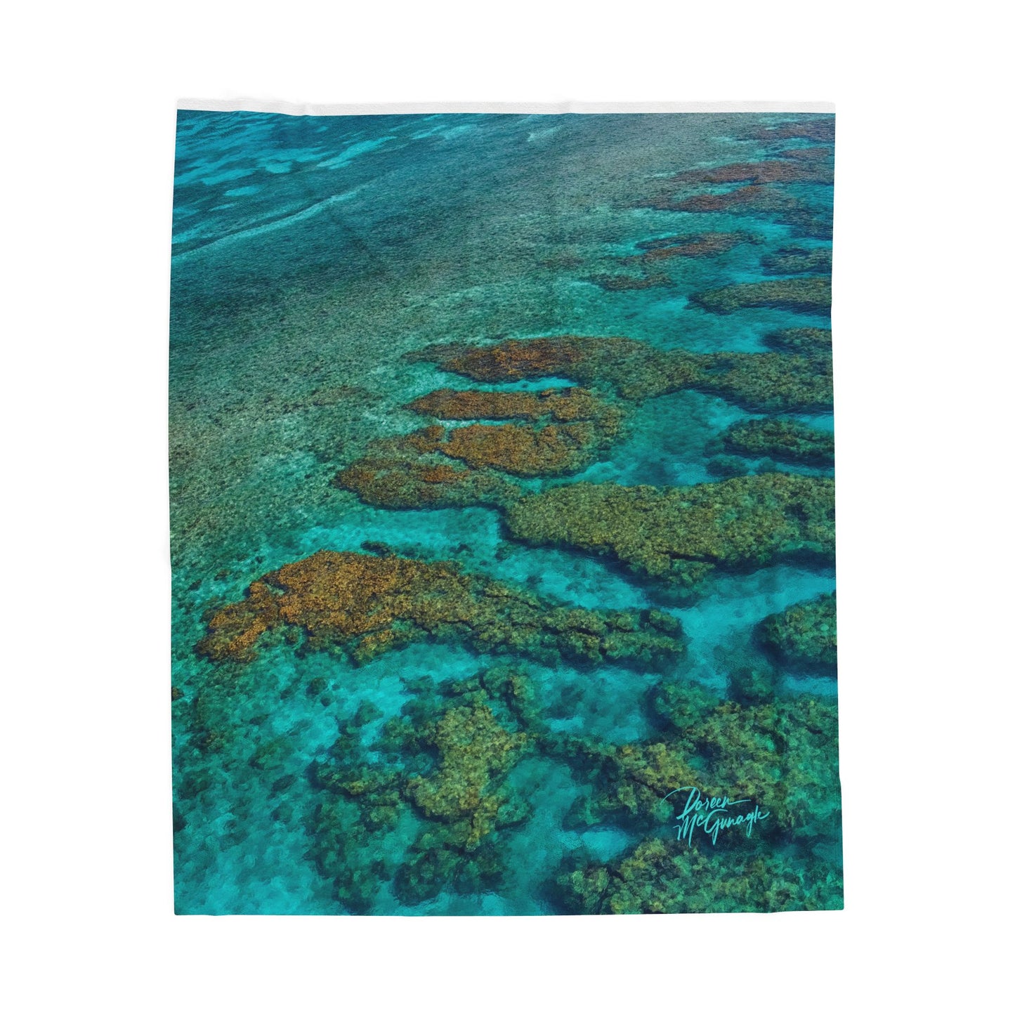 Ocean Reef Velveteen Plush Blanket — Turquoise Aerial Coral Design, Soft Beach Throw for Home & Travel Enjoy Nature | Spirited Design Studio