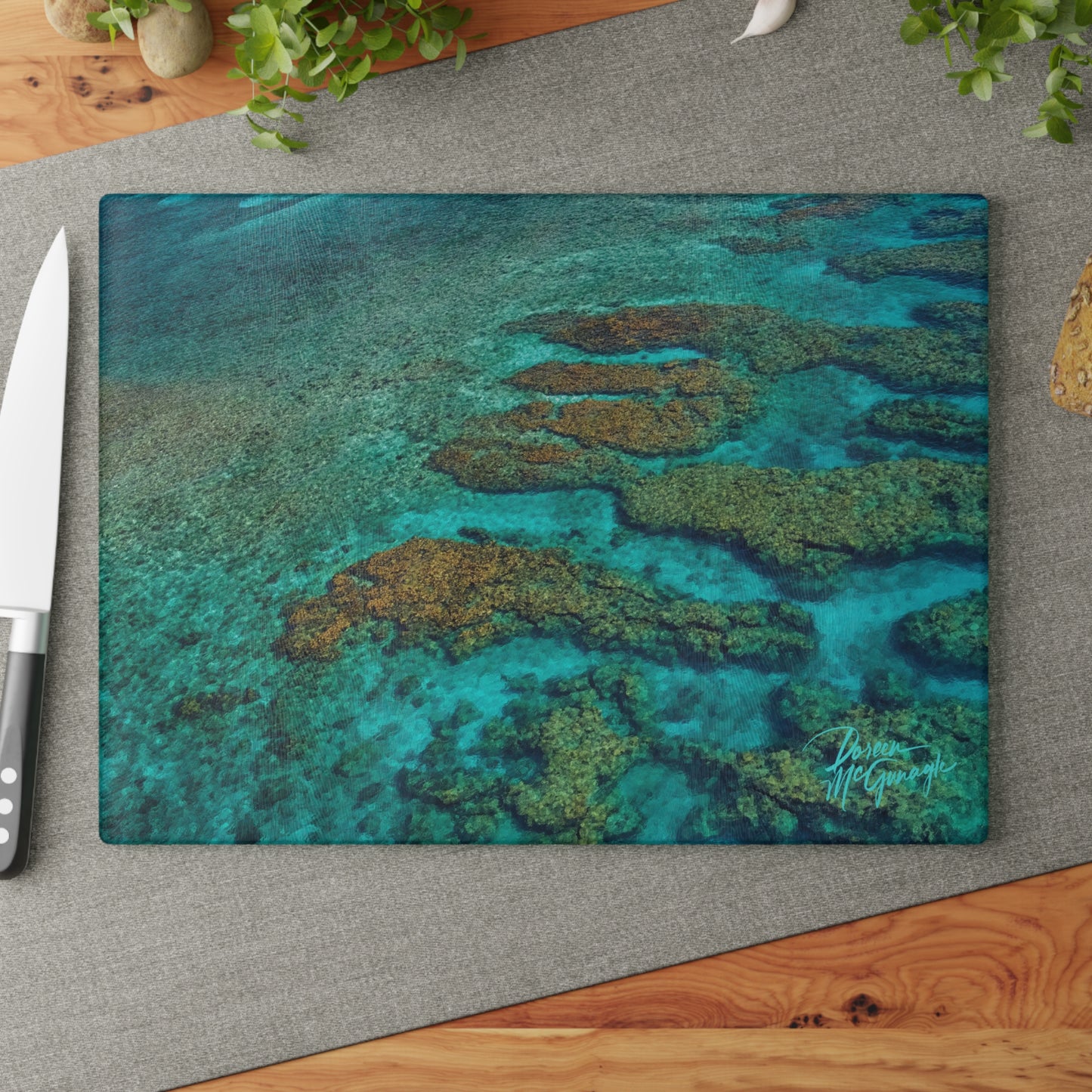 Turquoise Coral Reef Ocean Art Glass Cutting Board – Coastal Kitchen Countertop Board | Enjoy Nature | Spirited Design Studio