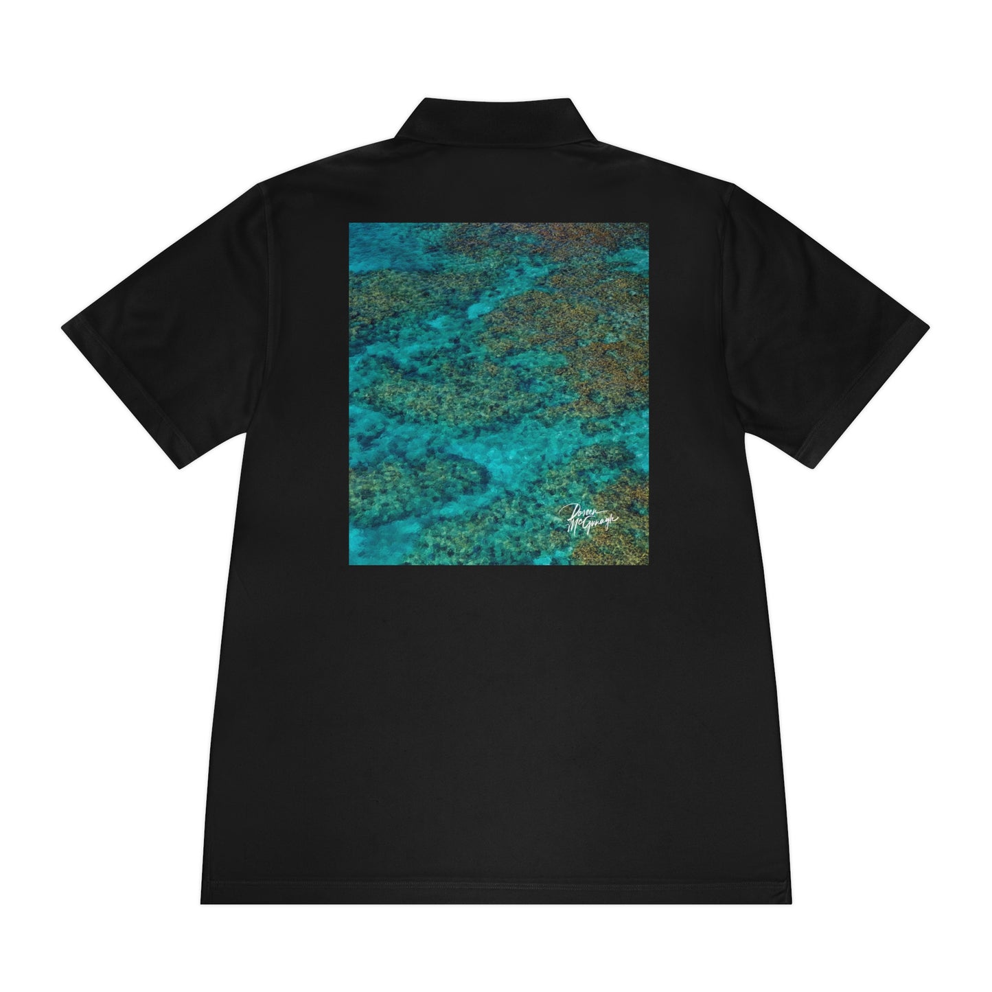 Men’s Sport Polo — Aerial Ocean Reef Print | Lightweight Performance Polo with Coastal-Inspired Back Design | Enjoy Nature