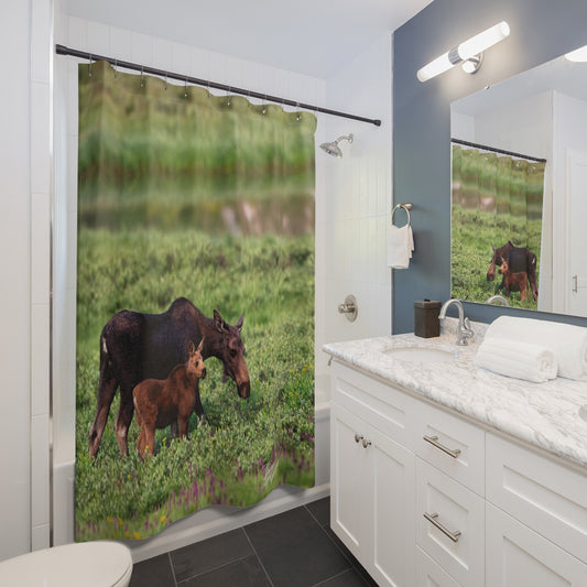 Moose with Baby Shower Curtain | Nature Inspired Earthy Bathroom Décor | Enjoy Nature Collection
