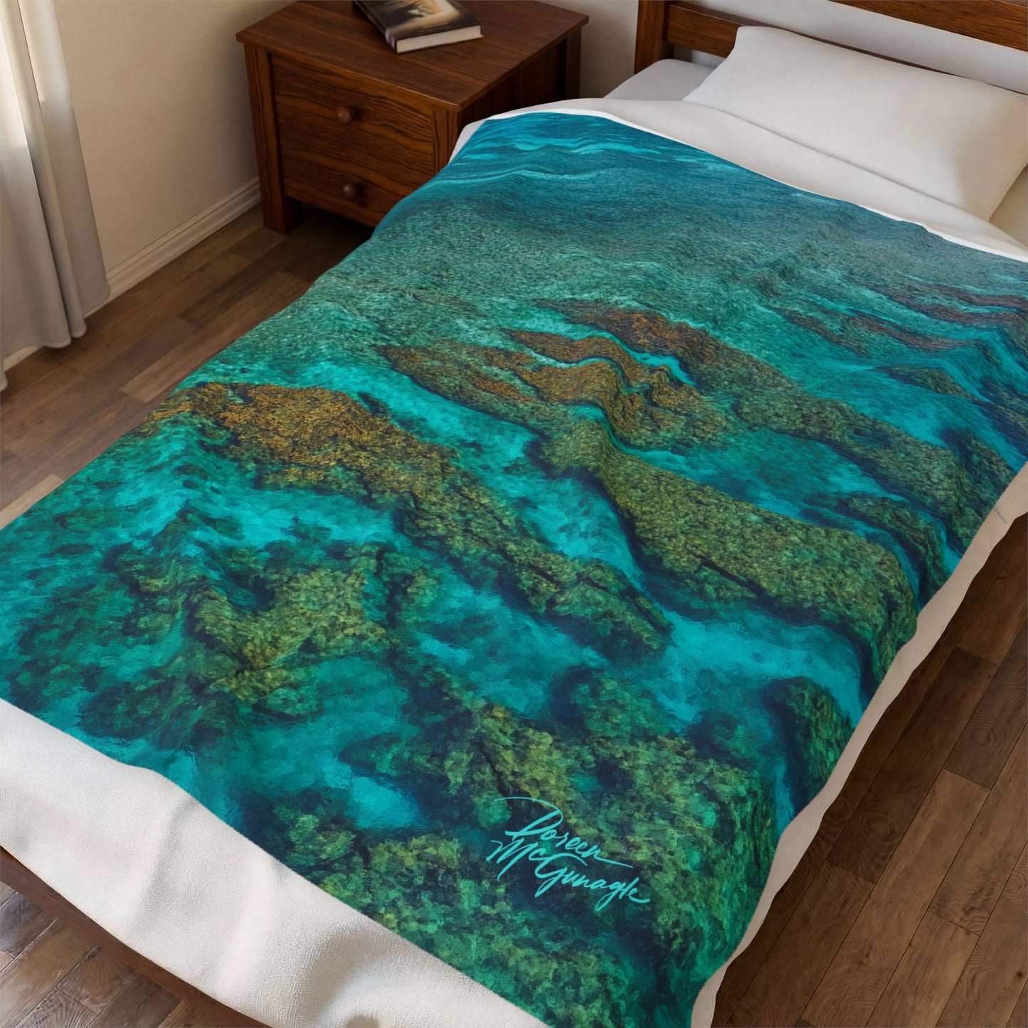 Ocean Reef Velveteen Plush Blanket — Turquoise Aerial Coral Design, Soft Beach Throw for Home & Travel Enjoy Nature | Spirited Design Studio