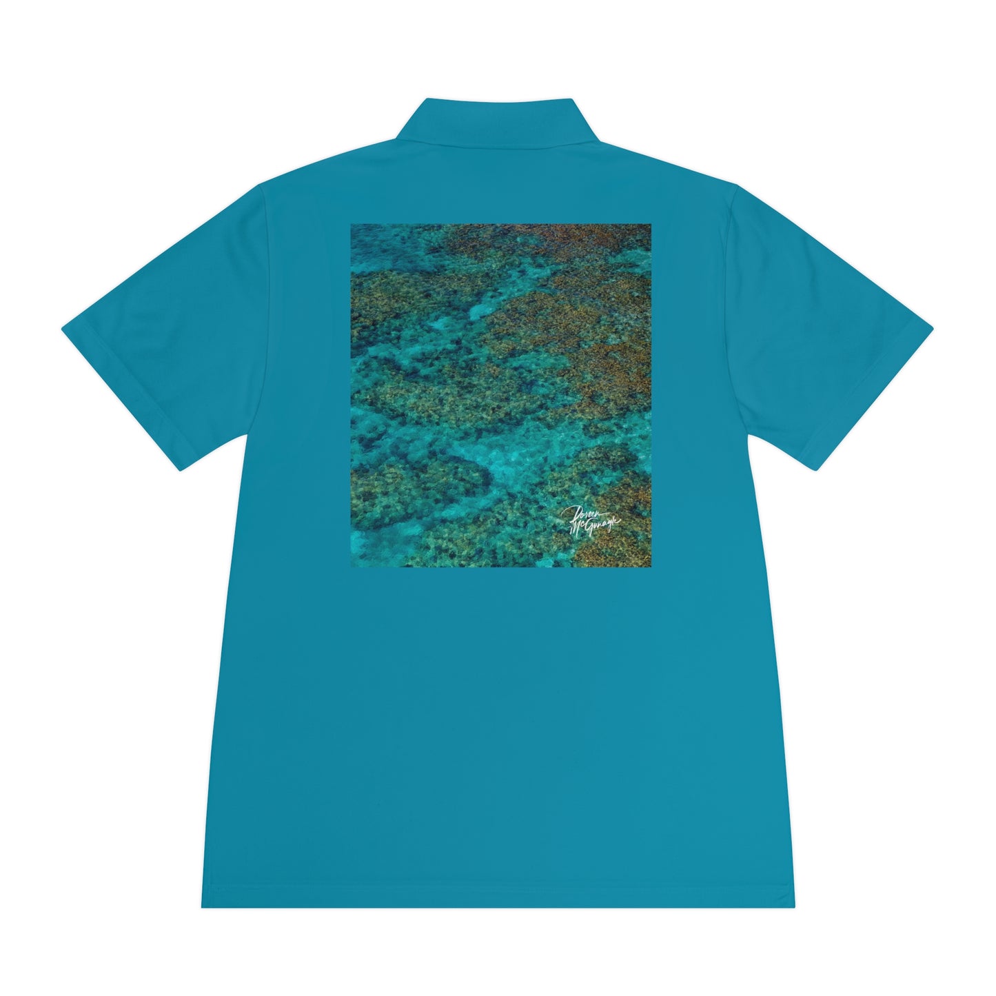 Men’s Sport Polo — Aerial Ocean Reef Print | Lightweight Performance Polo with Coastal-Inspired Back Design | Enjoy Nature
