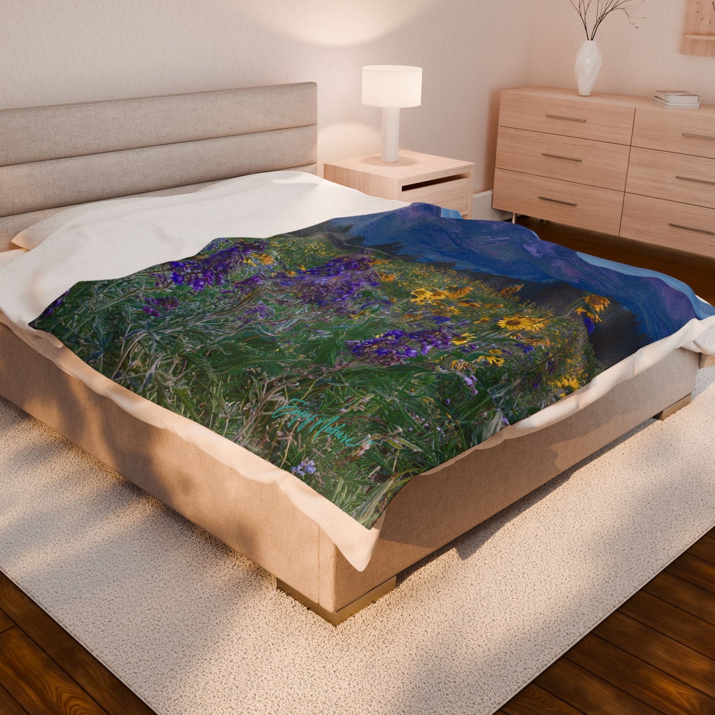 Serene Mountains with Lupine Flowers Landscape Plush Blanket | Cozy Throw for Relaxation, Home Decor, Gifts, Camping, Outdoor Enthusiasts