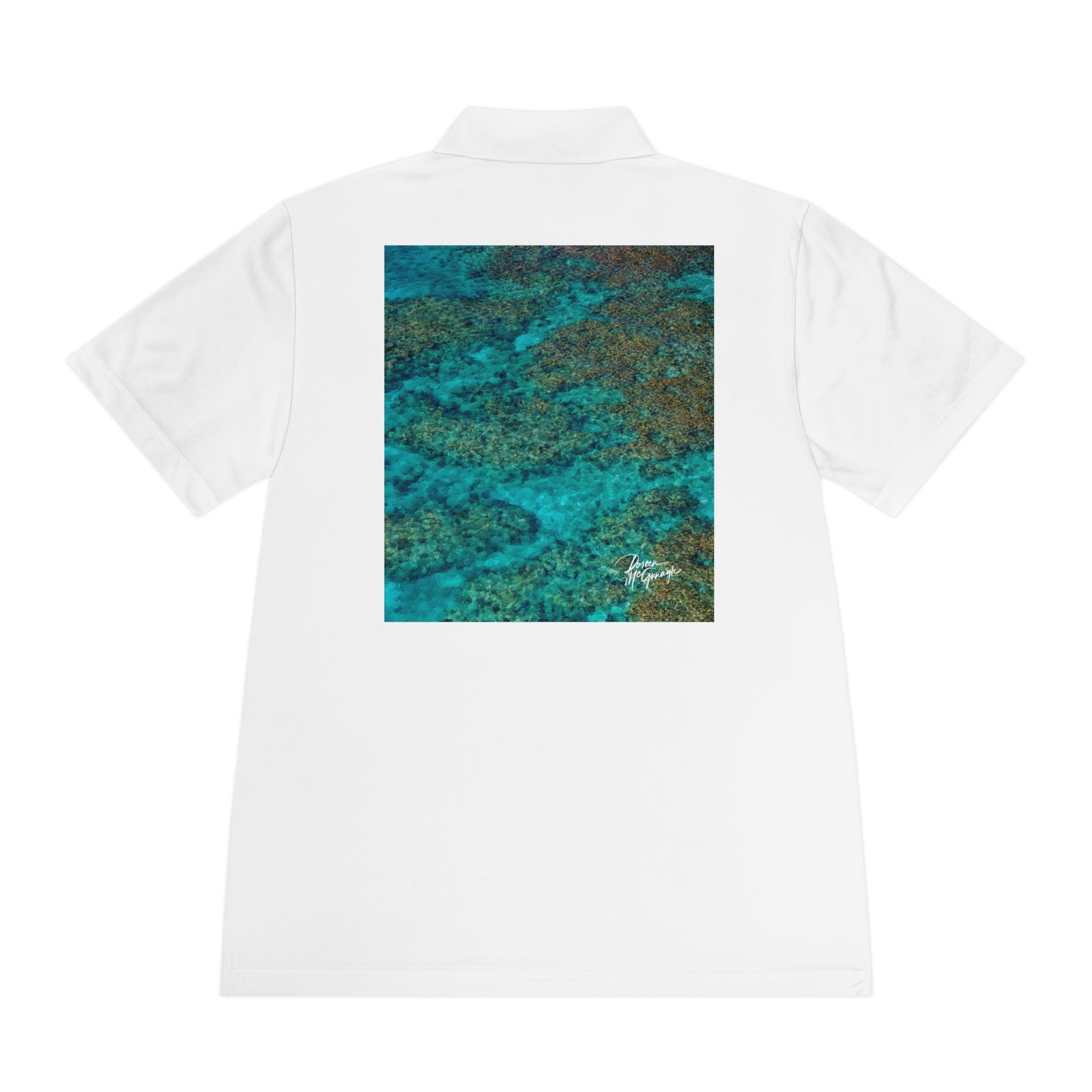 Men’s Sport Polo — Aerial Ocean Reef Print | Lightweight Performance Polo with Coastal-Inspired Back Design | Enjoy Nature