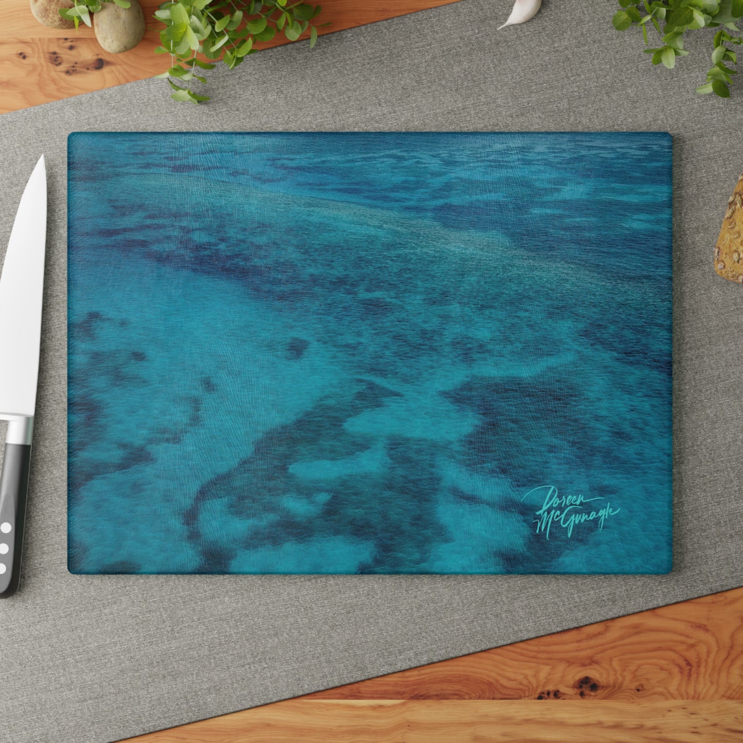 Ocean Blue Glass Cutting Board – Coastal Kitchen Countertop Board with Turquoise Seascape Design Enjoy Nature | Spirited Design Studio