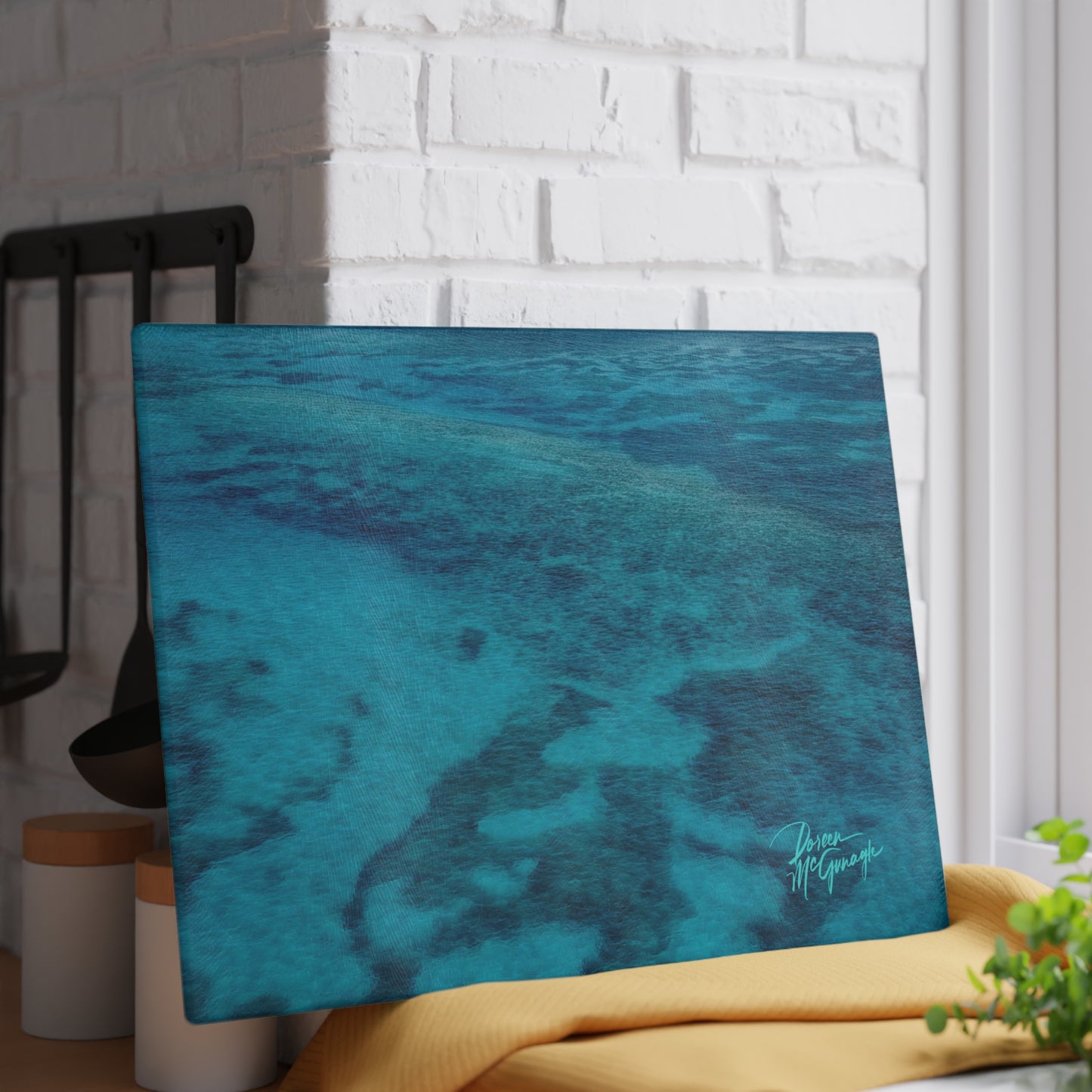 Ocean Blue Glass Cutting Board – Coastal Kitchen Countertop Board with Turquoise Seascape Design Enjoy Nature | Spirited Design Studio
