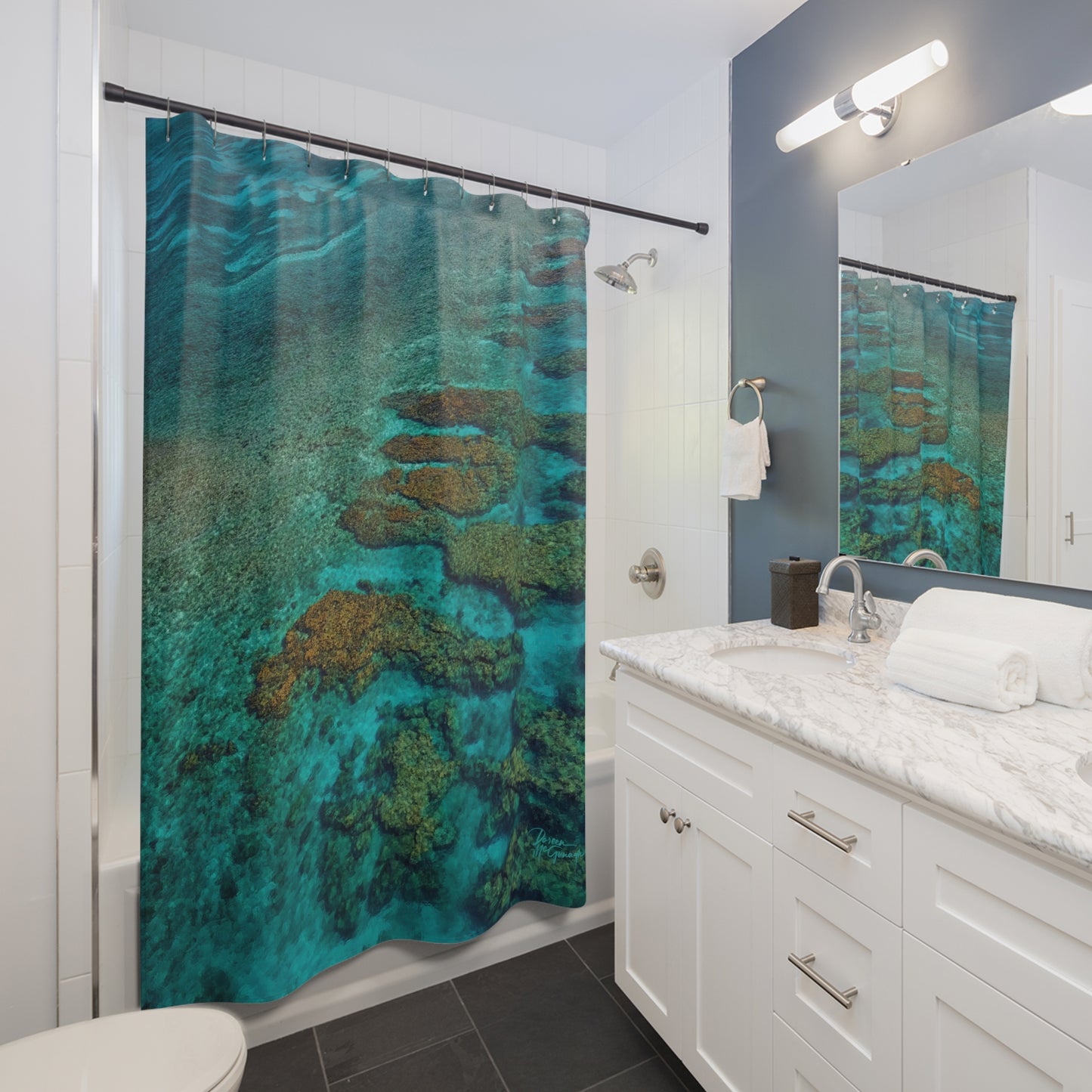 Tropical Reef Shower Curtain — Aerial Ocean Coral Print Bathroom Décor Enjoy Nature | Spirited Design Studio