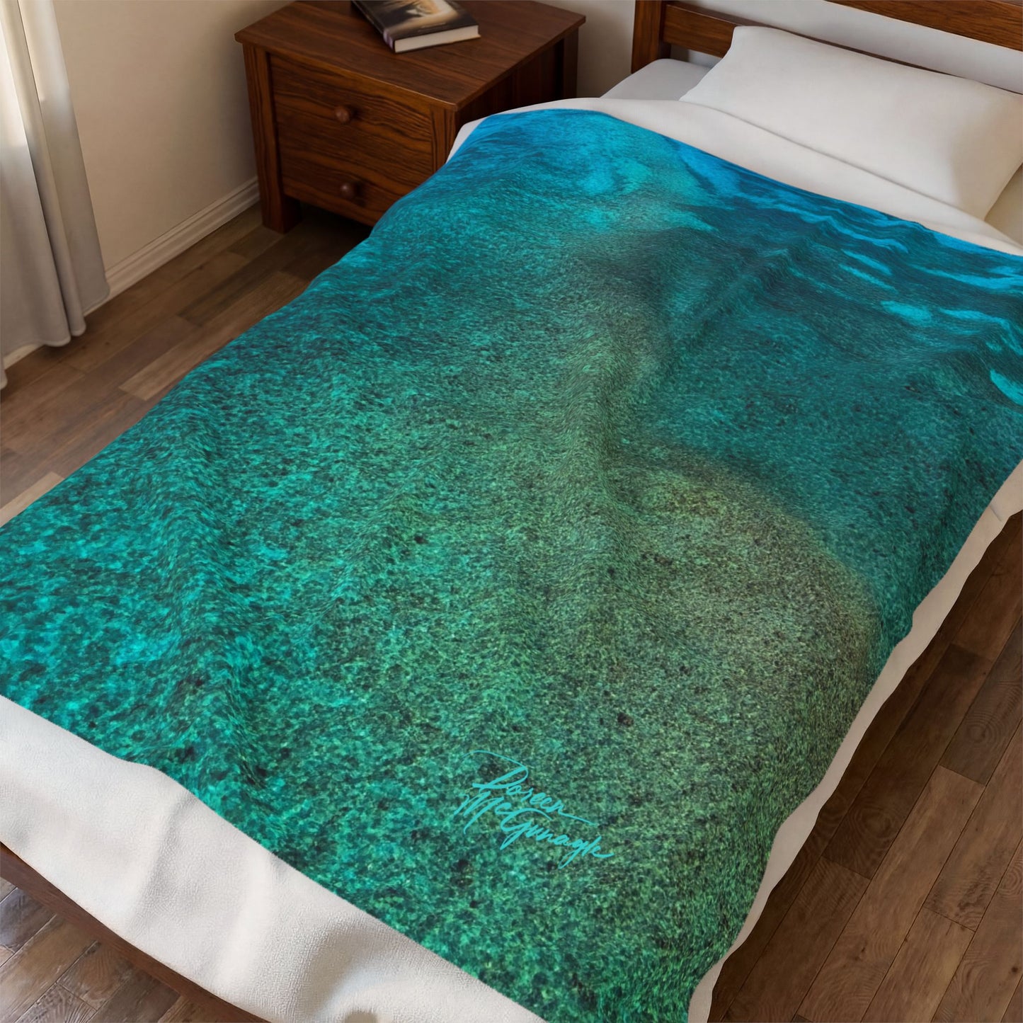 Ocean Depths Velveteen Plush Blanket — Teal Seascape Cozy Throw Enjoy Nature | Spirited Design Studio