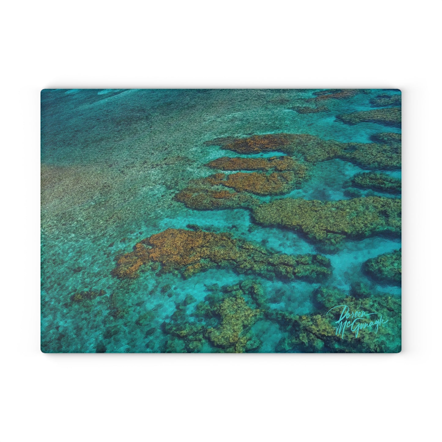 Turquoise Coral Reef Ocean Art Glass Cutting Board – Coastal Kitchen Countertop Board | Enjoy Nature | Spirited Design Studio