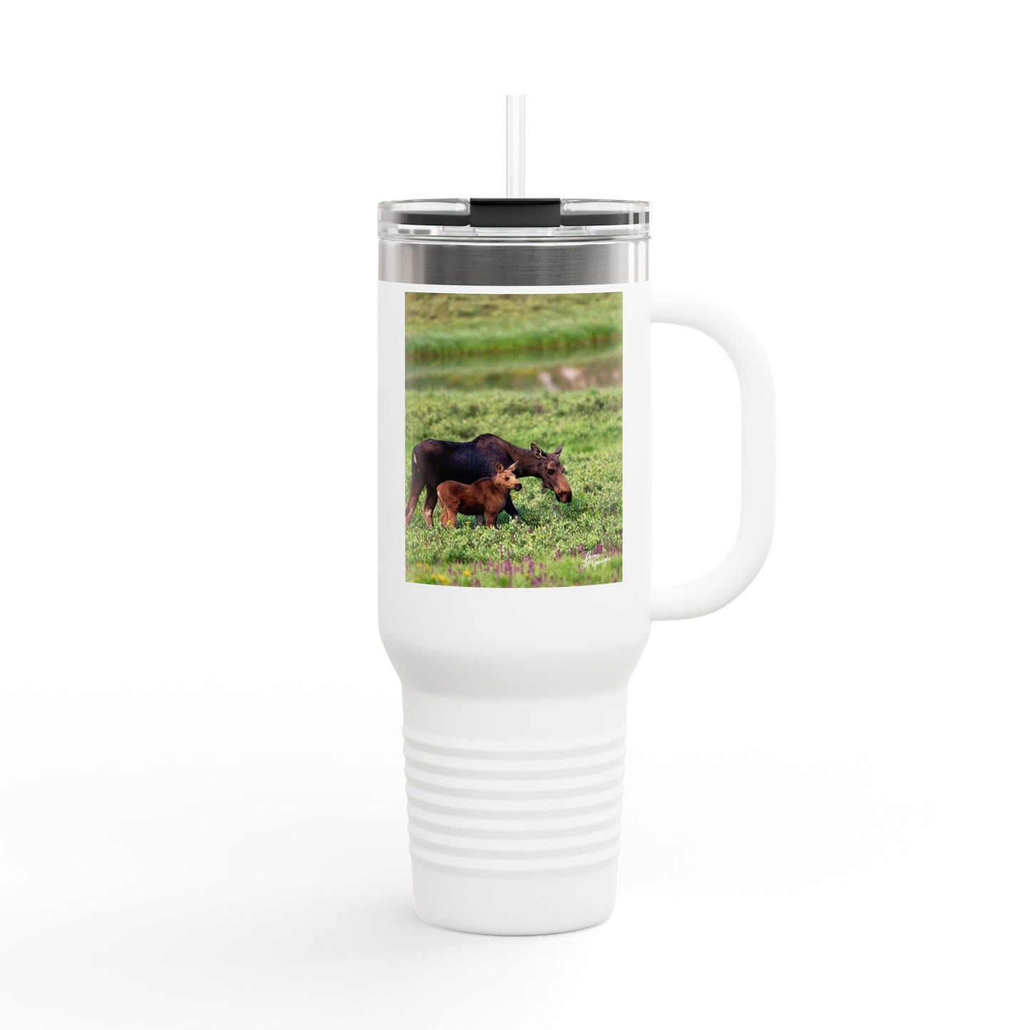 Moose with Baby 40oz Insulated Travel Mug with Handle | Nature Inspired Stainless Steel Drinkware | Enjoy Nature Collection