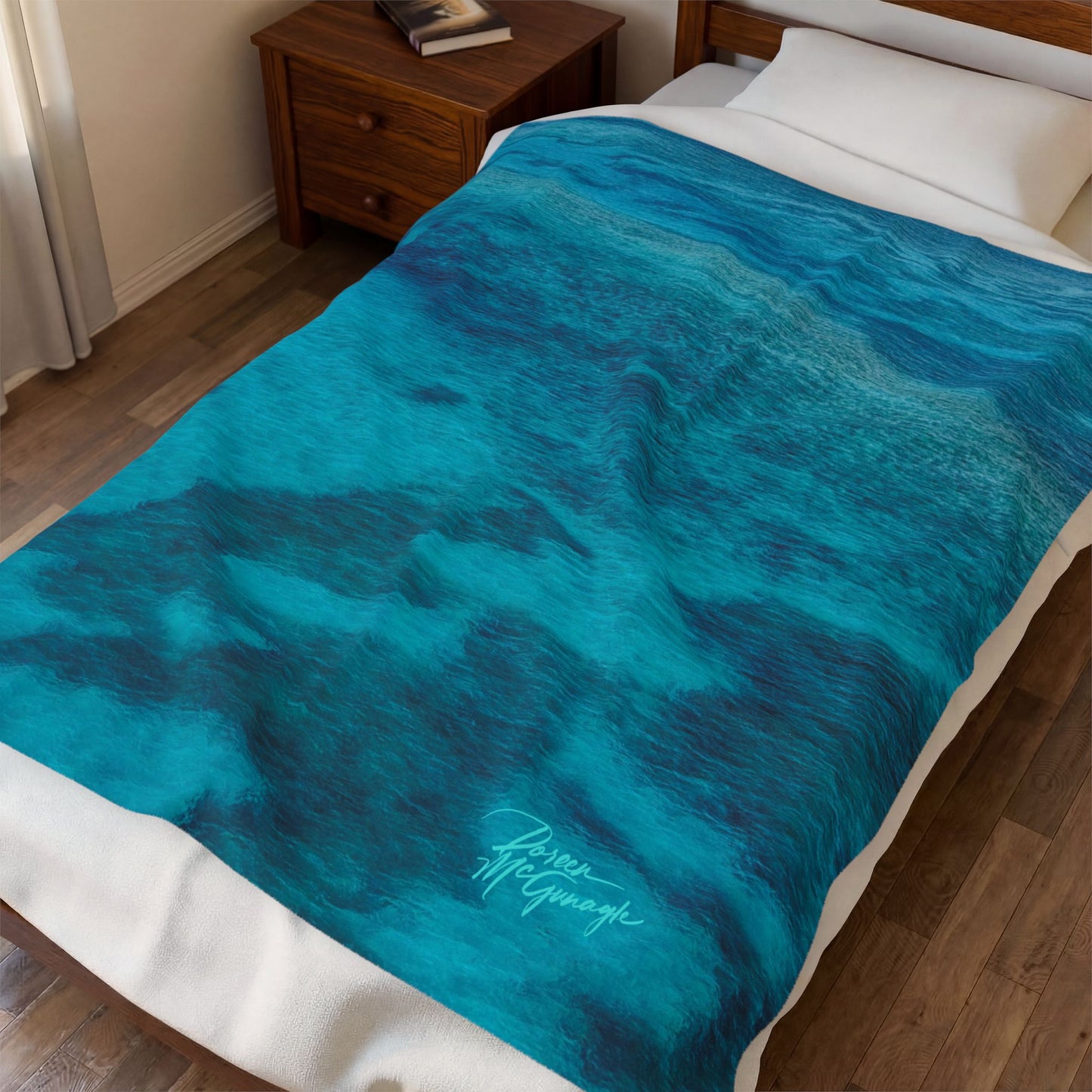 Velveteen Plush Blanket — Ocean Teal Watercolor Throw Enjoy Nature | Spirited Design Studio