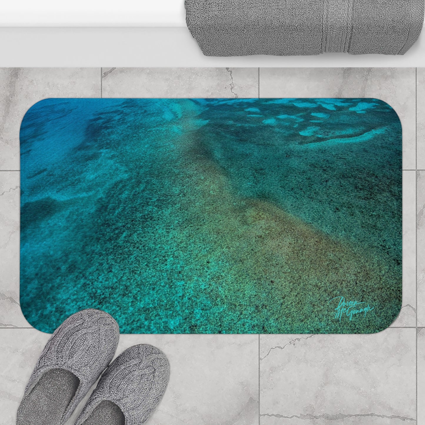 Ocean Blue Seafloor Bath Mat — Coastal Bathroom Rug Enjoy Nature | Spirited Design Studio