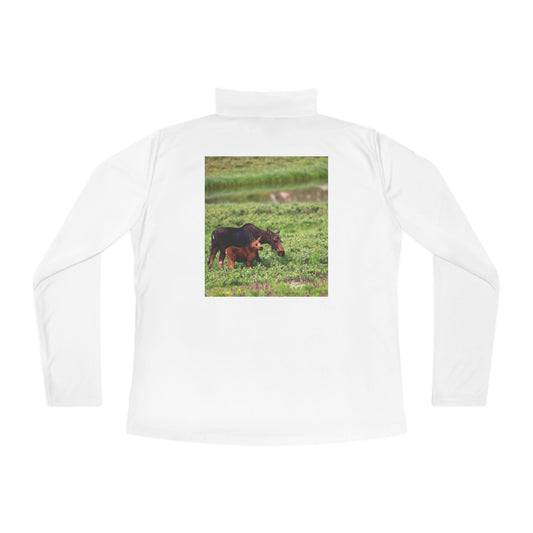 Mother Moose with Baby Ladies Quarter-Zip Pullover | Nature Inspired Activewear | Enjoy Nature Collection