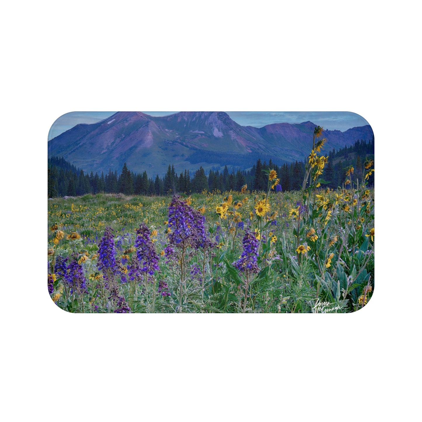 Nature-Inspired Bath Mat with Mountains & Lupine Flowers, Perfect for Home Decor, Bathroom Accessory, Gift Idea, Eco-Friendly Decor, Vibrant Mat Mountains & purple flowers