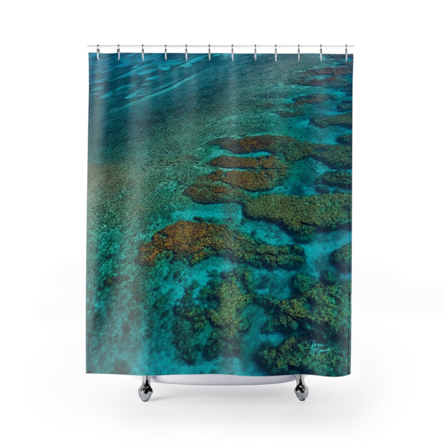 Tropical Reef Shower Curtain — Aerial Ocean Coral Print Bathroom Décor Enjoy Nature | Spirited Design Studio