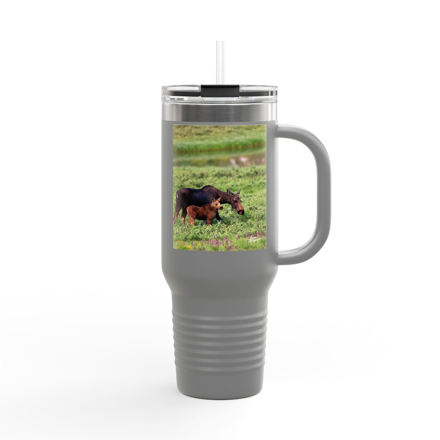 Moose with Baby 40oz Insulated Travel Mug with Handle | Nature Inspired Stainless Steel Drinkware | Enjoy Nature Collection