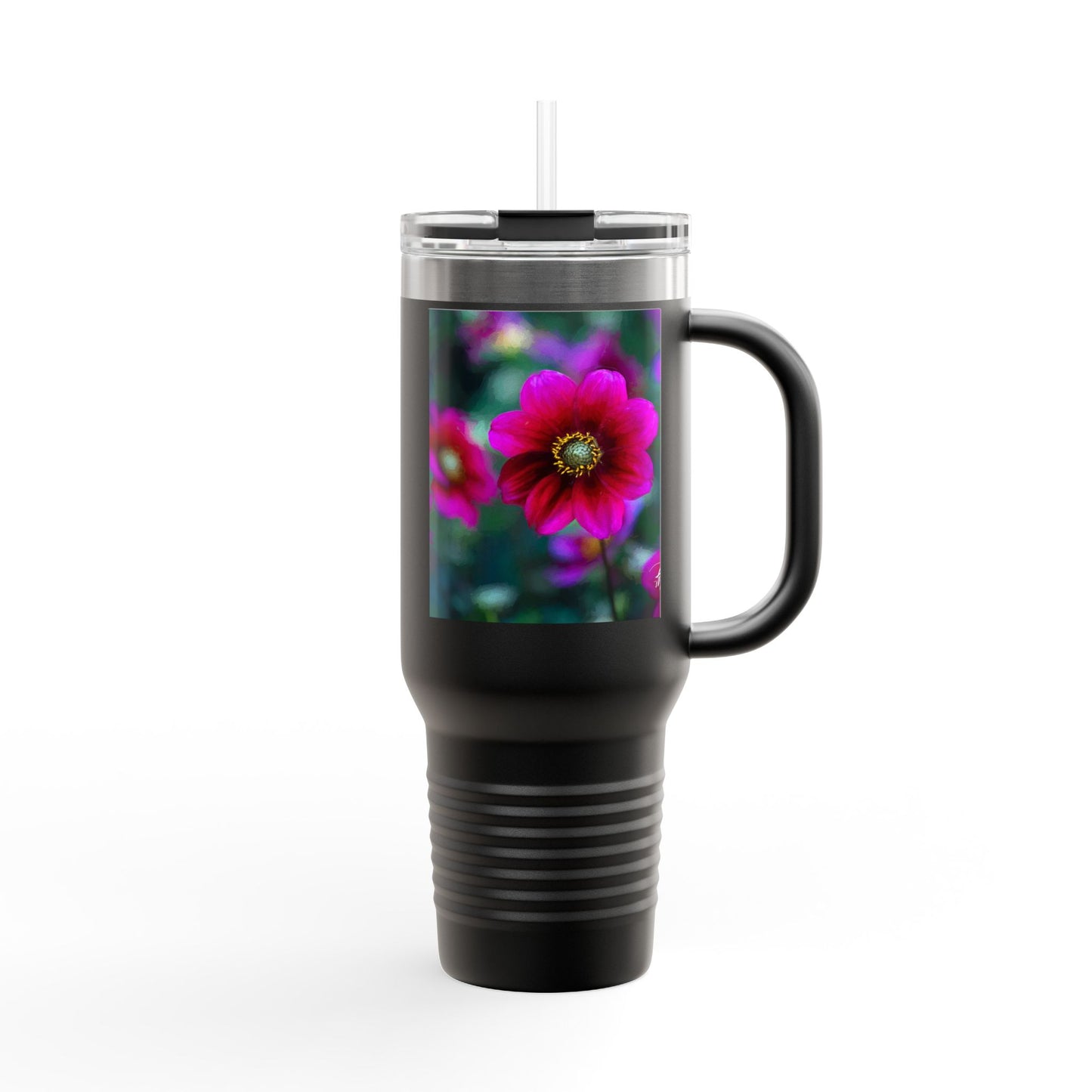 Vibrant Floral Insulated Travel Mug – 40oz Nature-Inspired Drinkware, Heart of Dahlia Dreams