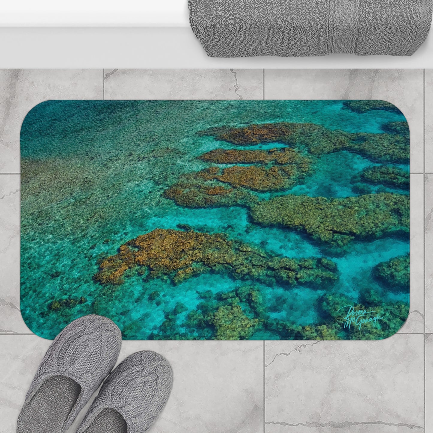 Ocean Reef Teal Coral Sea Floor — Coastal Memory Foam Bath Mat Enjoy Nature | Spirited Design Studio