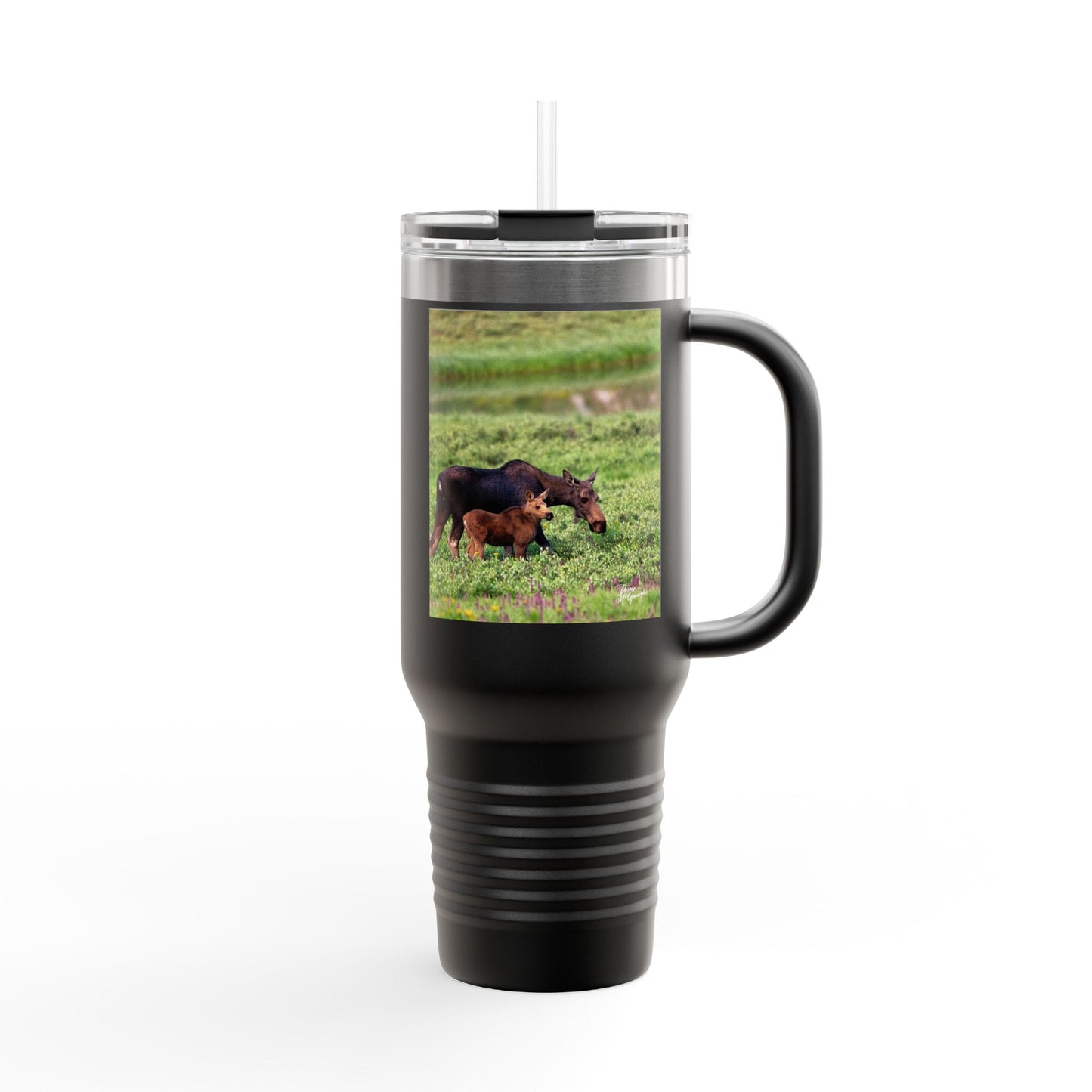 Moose with Baby 40oz Insulated Travel Mug with Handle | Nature Inspired Stainless Steel Drinkware | Enjoy Nature Collection