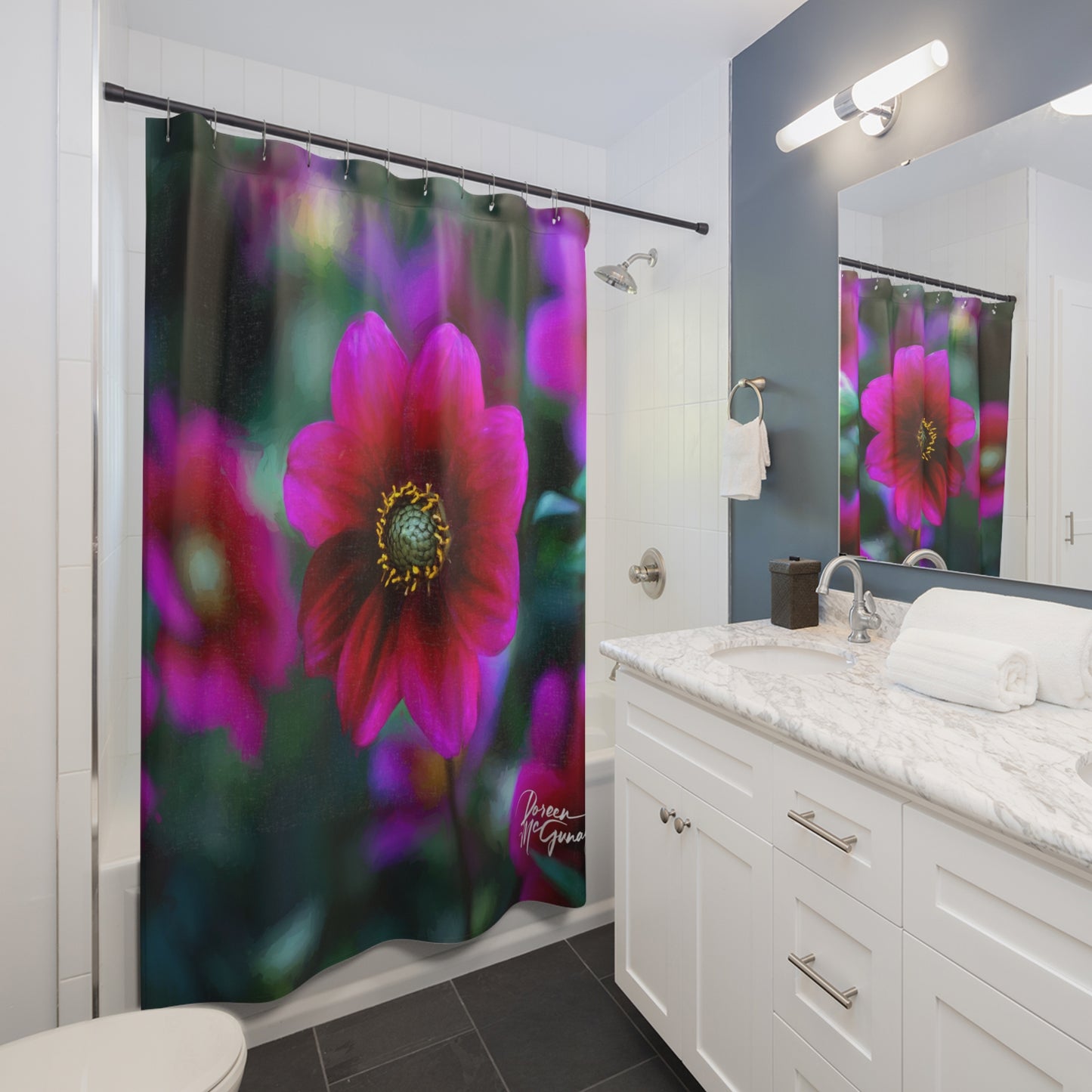 Shower Curtain: Heart of Dahlia Dreams – Nature-Inspired Floral Elegance